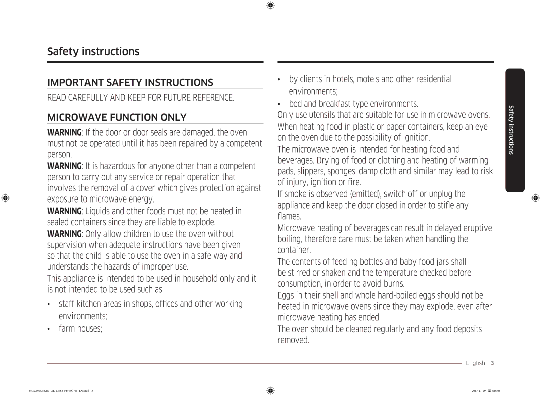 Samsung MG22M8054AK/OL manual Safety instructions, English  